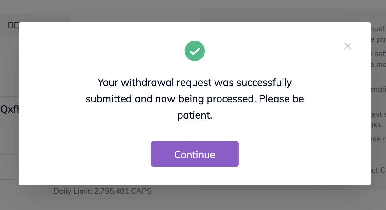 Buy CAPS tutorial - Successful withdrawal