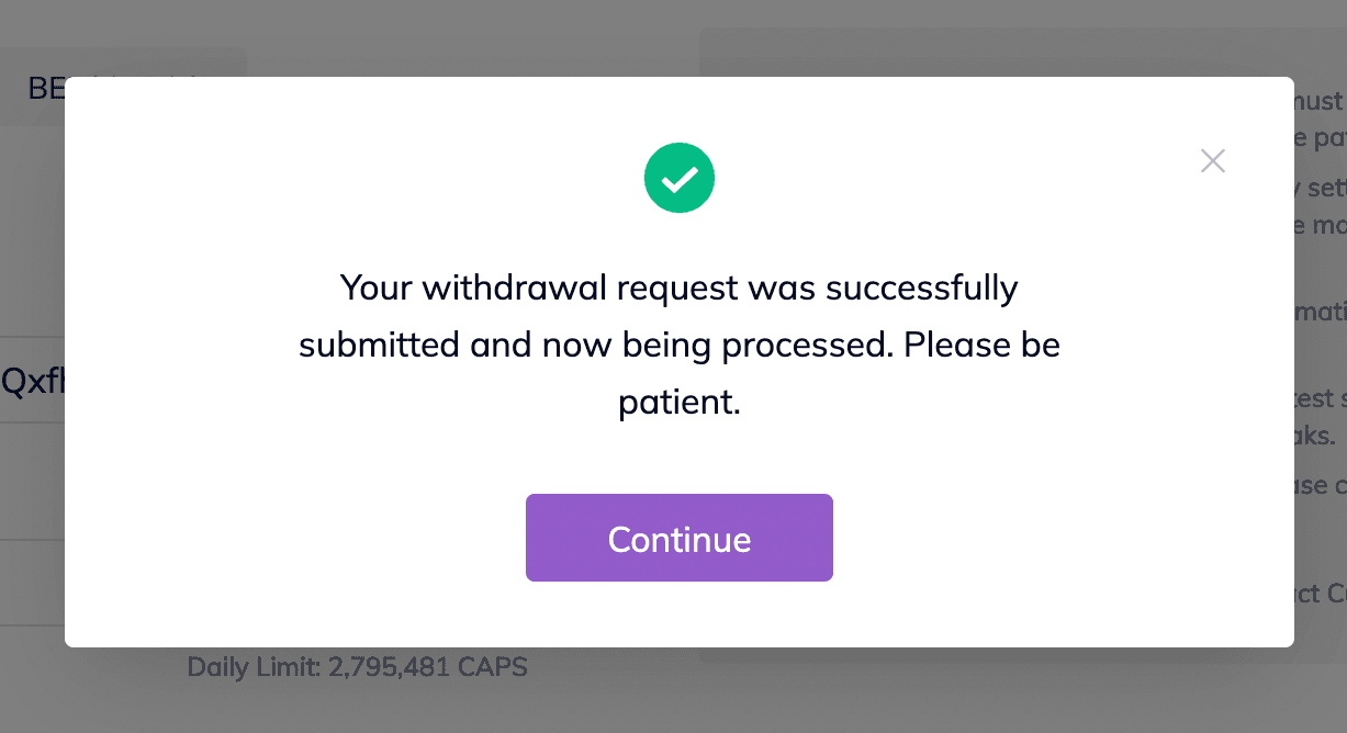 Buy CAPS tutorial - Successful withdrawal